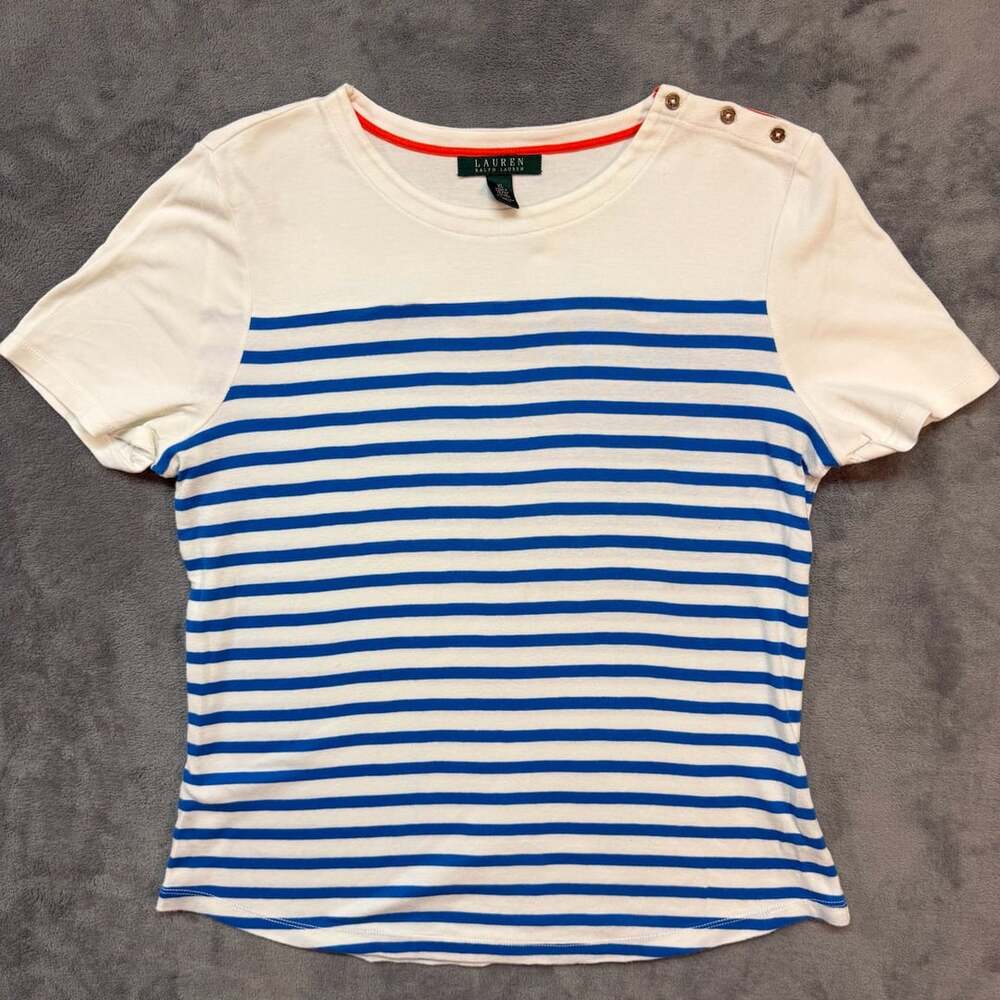 Lauren Ralph Lauren Striped T-Shirt Size XL White Blue Cotton